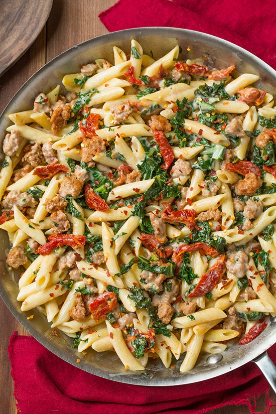 Hearty Penne Pasta with Turkey Sausage, Kale & Sun-Dried Tomatoes
